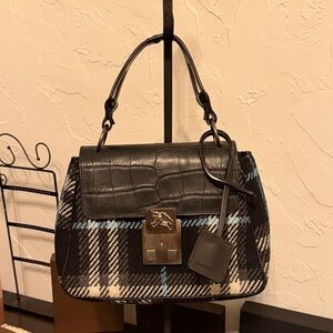 Burberry black classic check wool and croc embossed leather flap bag